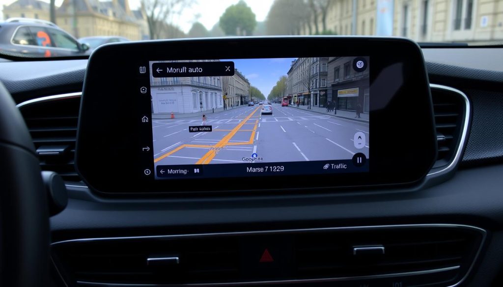 Android Auto affichant un itinéraire domicile-travail dans Paris sur la Kia Cadenza