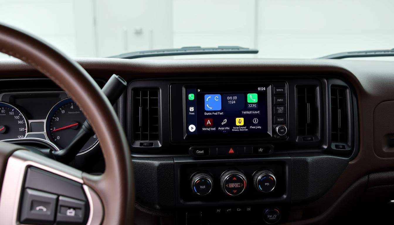 Android Auto installé dans un GMC Jimmy avec interface moderne affichant navigation et musique