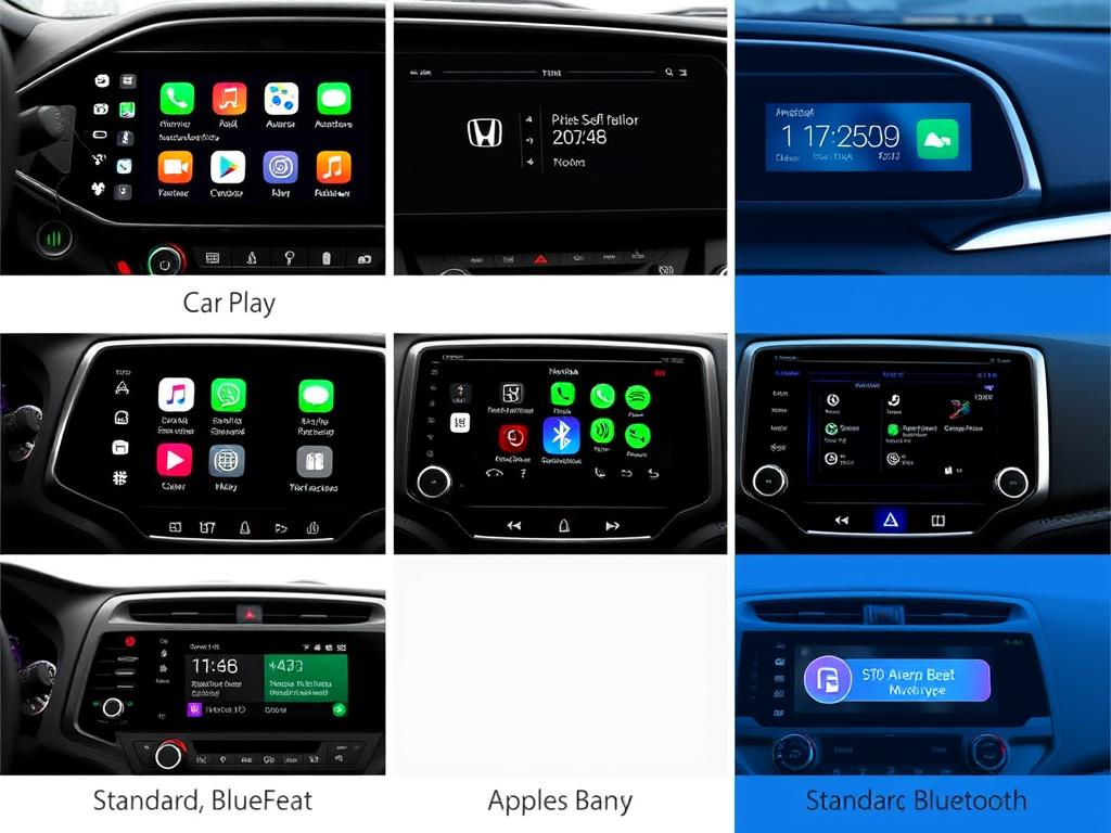 Comparaison visuelle des interfaces Android Auto, Apple CarPlay et autoradio standard dans un contexte Honda Beat