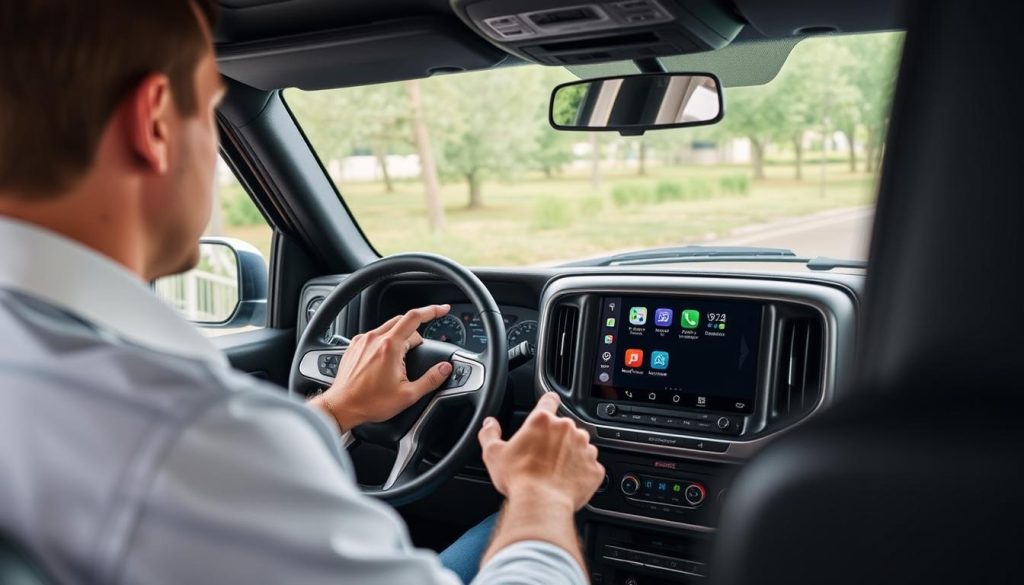 Conducteur utilisant Android Auto dans un GMC Jimmy avec interface moderne