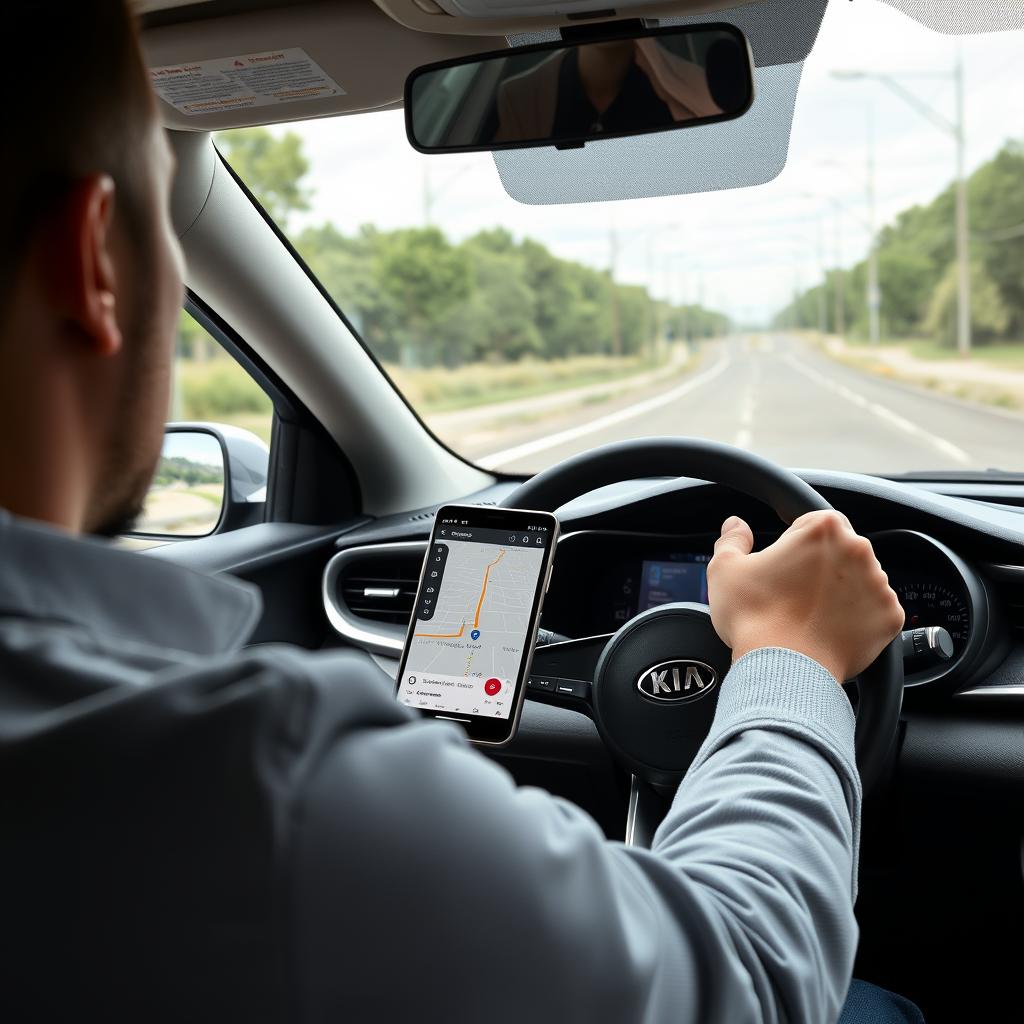 Conducteur utilisant la navigation Android Auto dans un KIA K2
