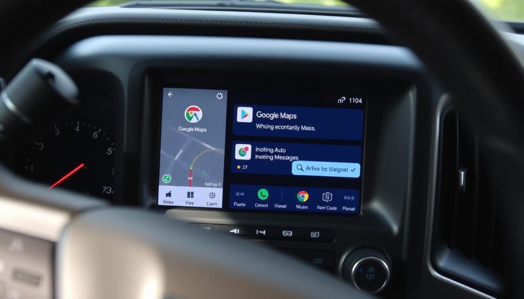 Écran Android Auto dans GMC Sierra affichant plusieurs applications et Google Maps