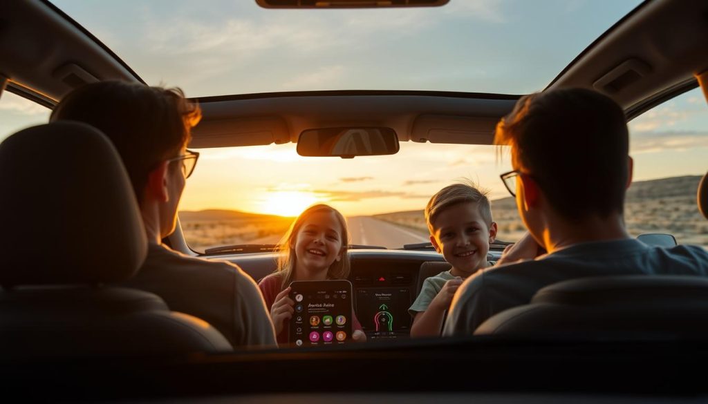 Famille heureuse utilisant Android Auto dans leur Honda Odyssey au coucher du soleil