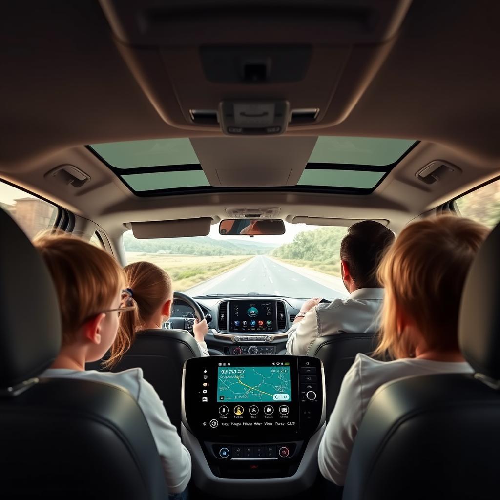 Famille nombreuse profitant d'Android Auto lors d'un road trip