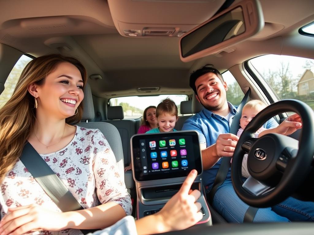 Famille profitant d'Android Auto lors d'un road trip en Kia Sedona