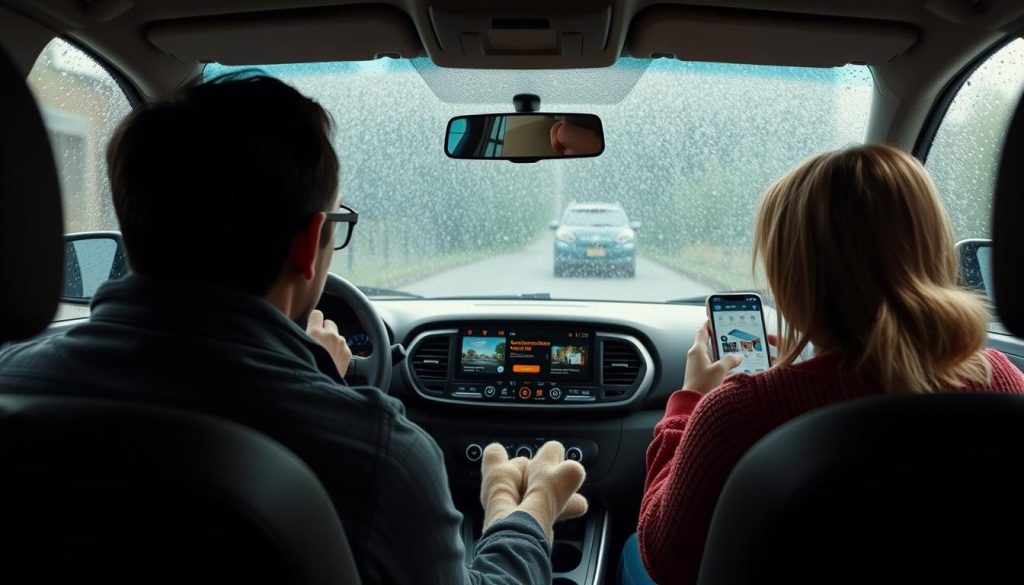 Famille utilisant Android Auto pour trouver des activités par temps de pluie
