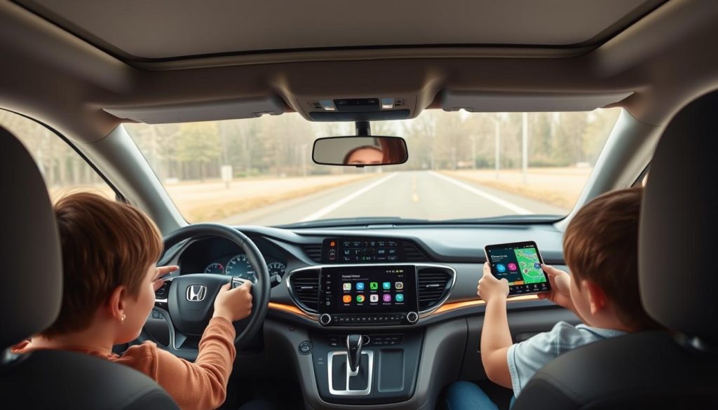 Famille utilisant diverses applications Android Auto dans leur Honda Odyssey