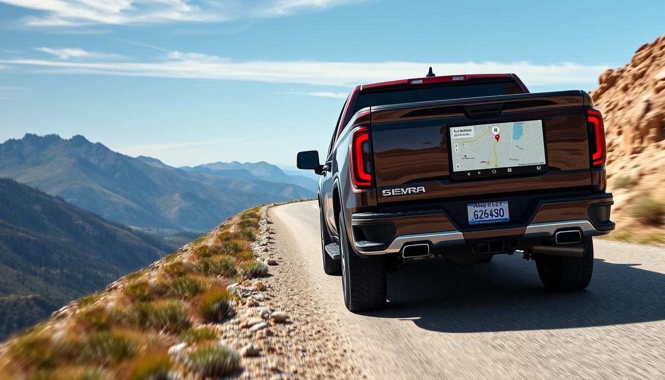 GMC Sierra avec Android Auto affichant Google Maps sur un terrain montagneux