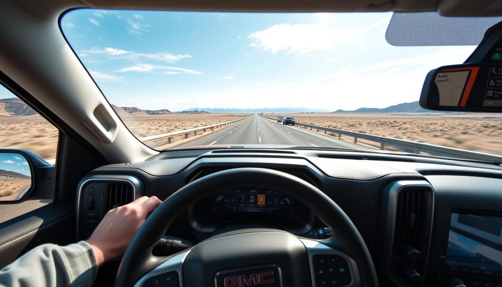 GMC Sierra sur route avec Android Auto affichant une carte et des applications