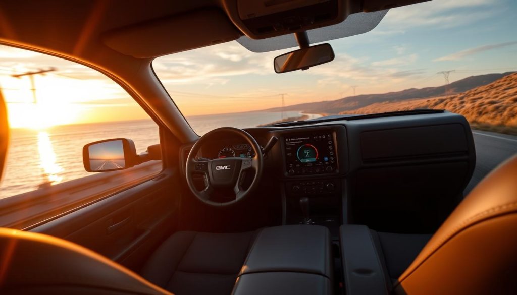 GMC Typhoon modernisé avec Android Auto sur une route panoramique