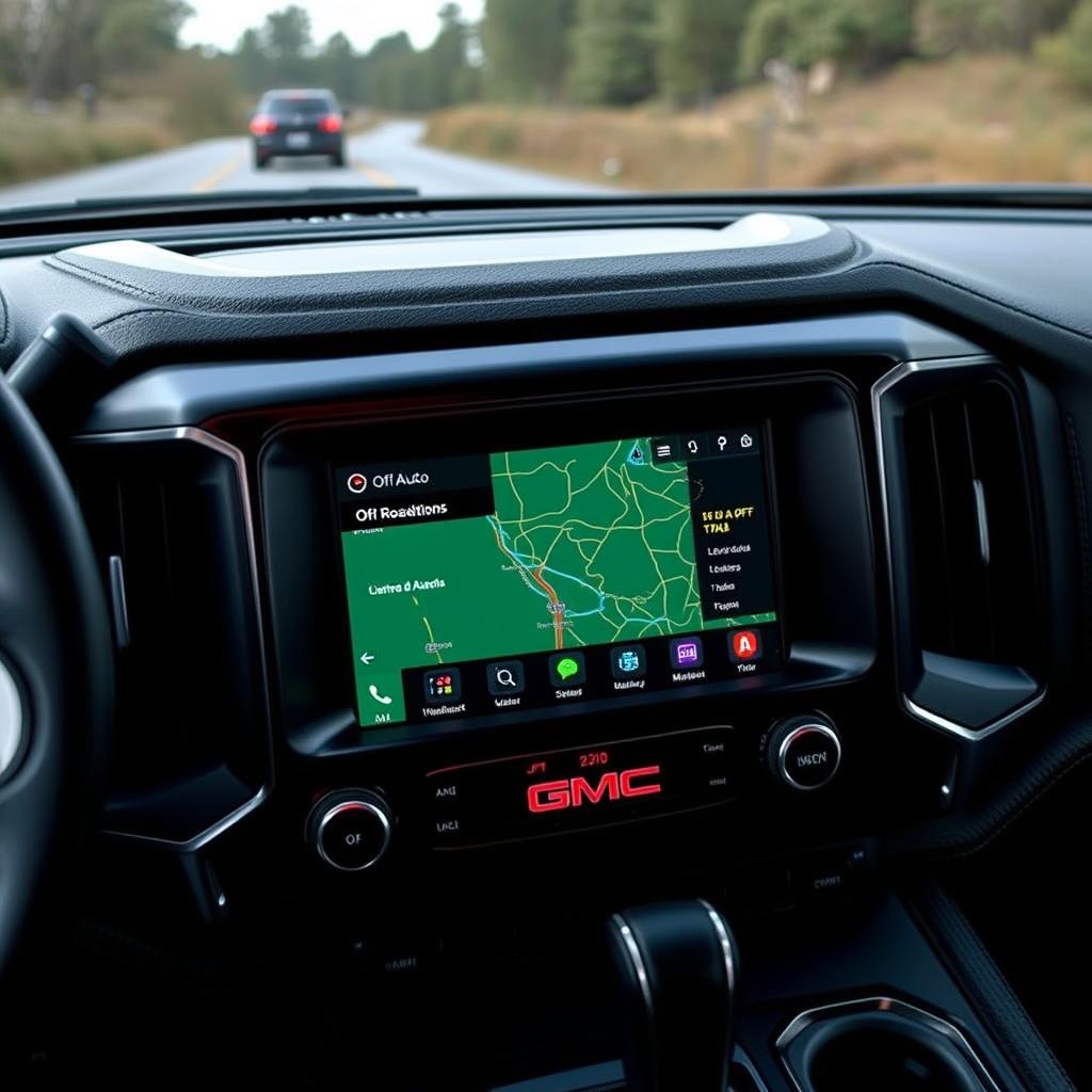 Interface Android Auto affichant une application de navigation tout-terrain sur l'écran d'un GMC Jimmy