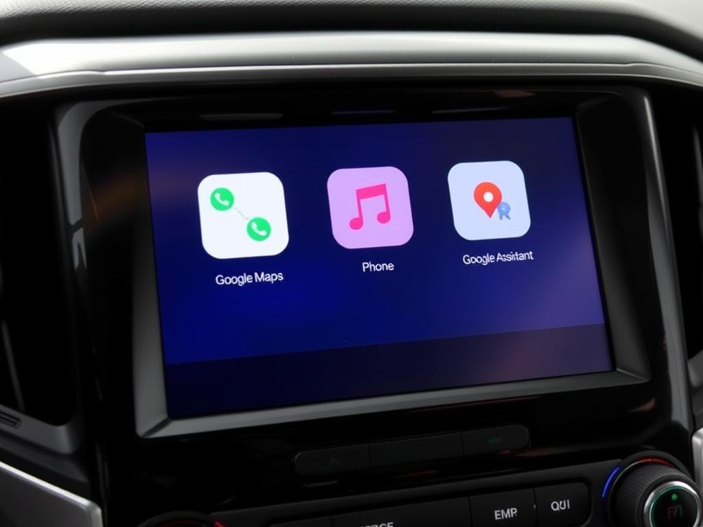 Interface Android Auto sur l'écran du GMC Terrain montrant les applications principales