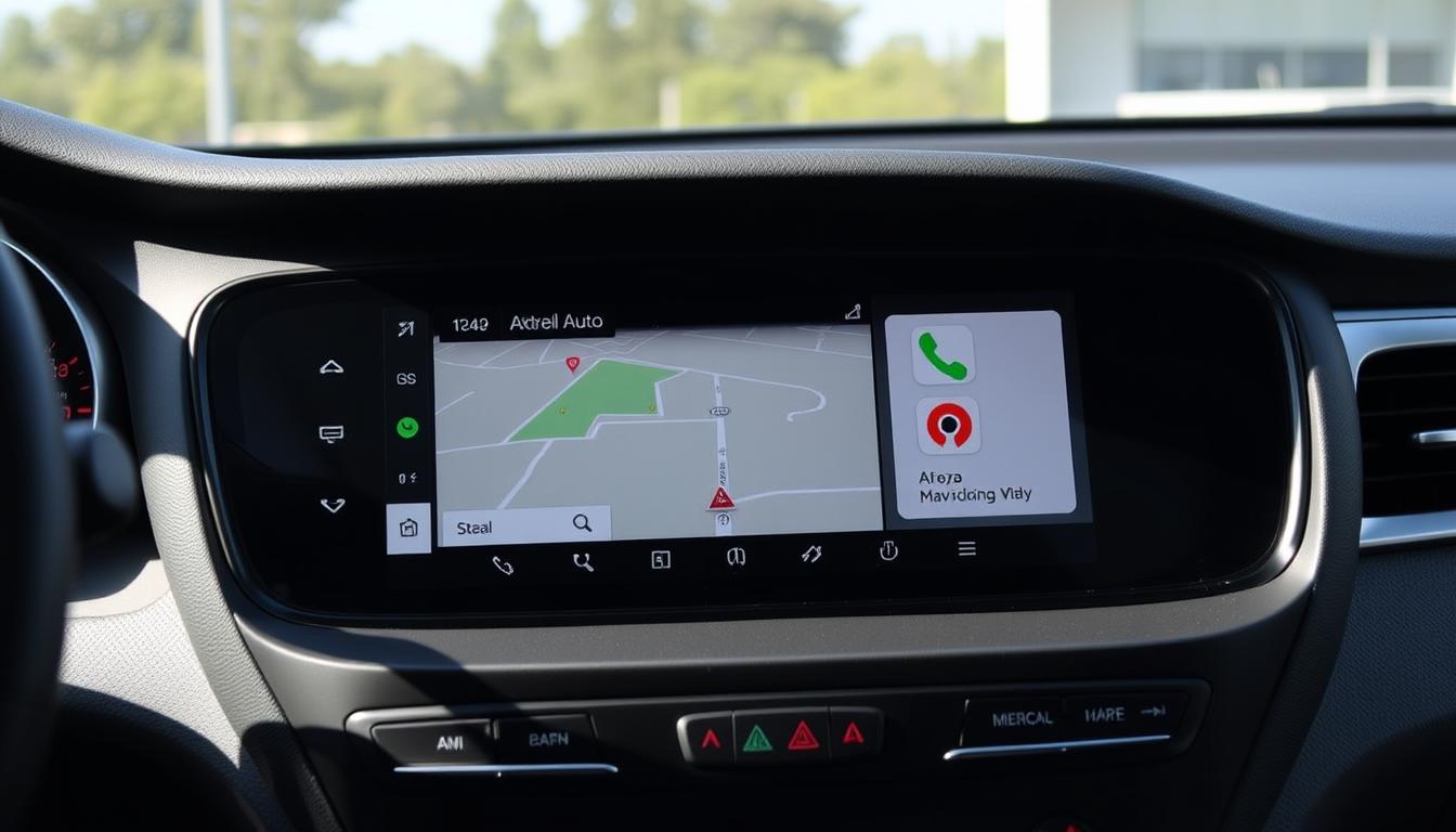 Interface Android Auto sur l'écran d'un KIA K2 montrant la navigation et les applications
