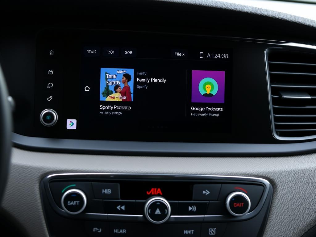 Interface de divertissement Android Auto montrant des applications de musique et podcasts