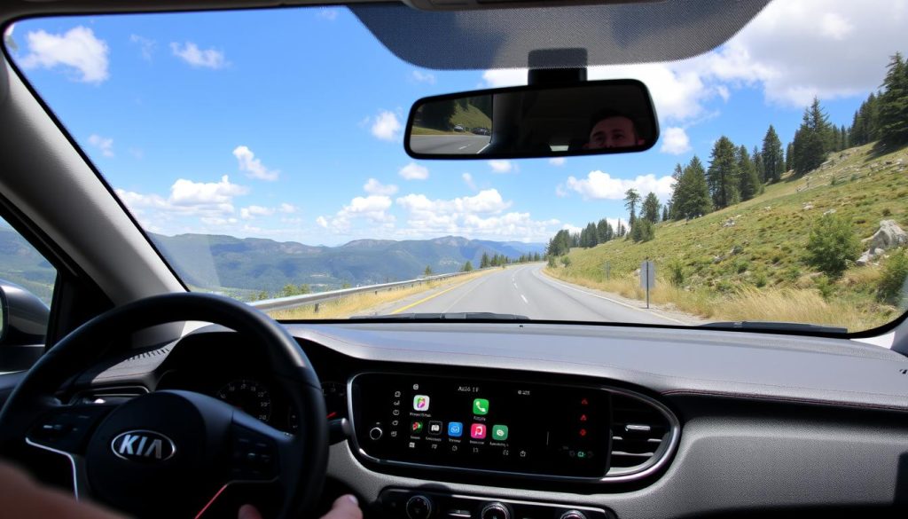 KIA K2 avec Android Auto intégré sur une route panoramique