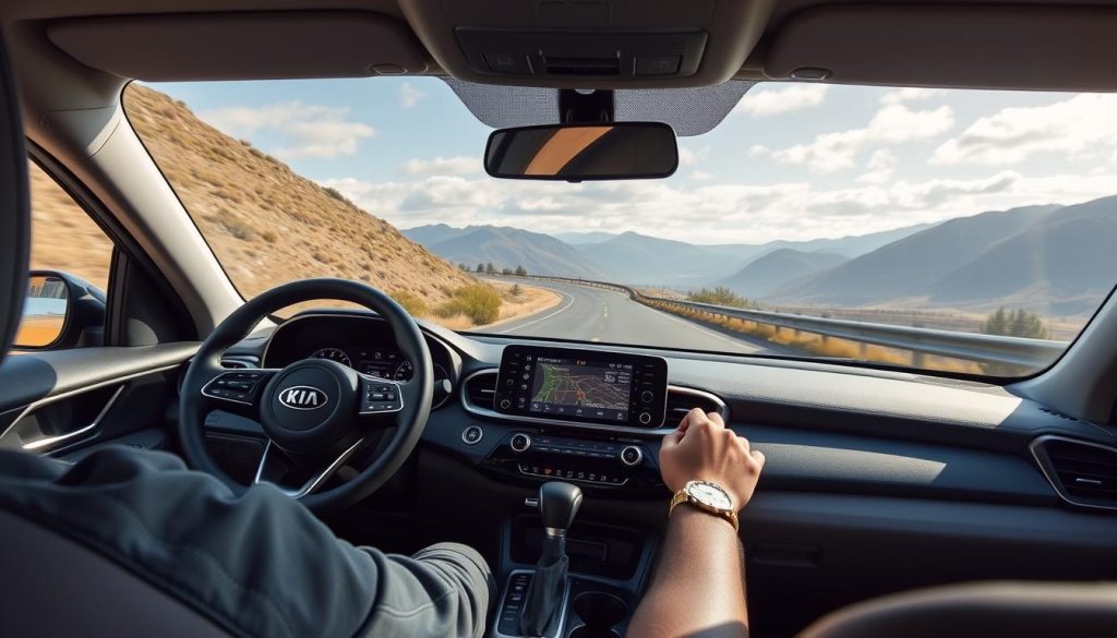 KIA KX3 sur route avec Android Auto en action sur le tableau de bord