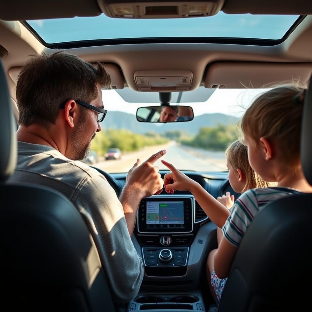 Père et enfants utilisant Android Auto pour la navigation