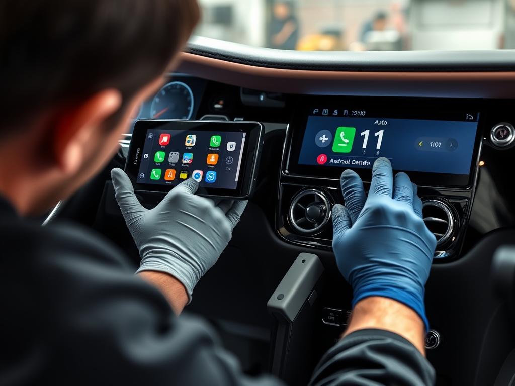 Professional technician installing Android Auto in Rolls-Royce