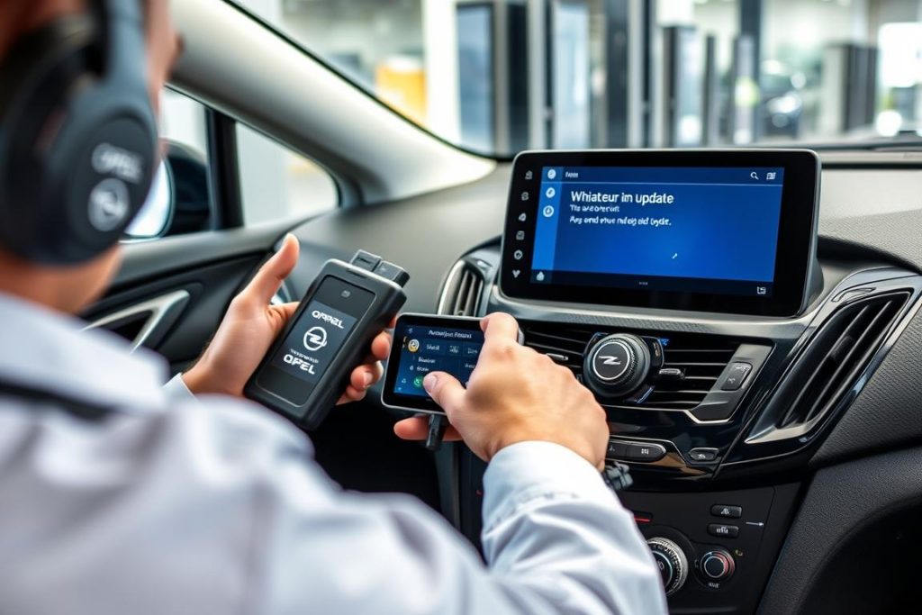Technicien Opel effectuant une mise à jour Android Auto