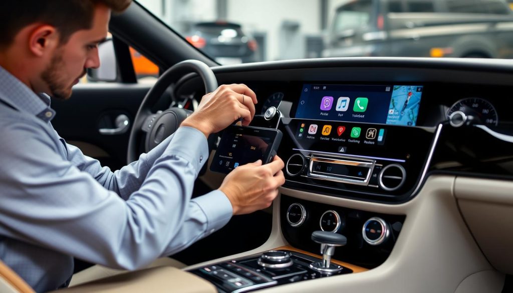 Technicien spécialisé installant un module Android Auto dans une Rolls-Royce Wraith