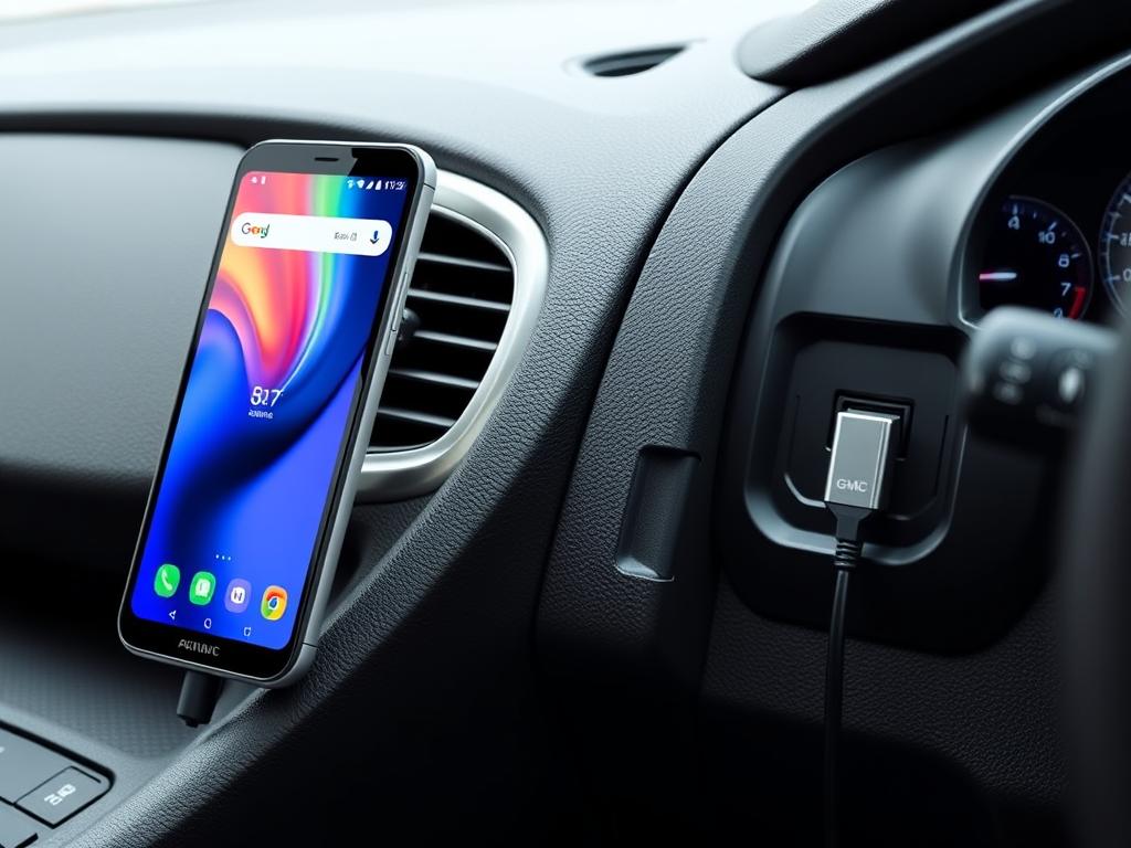 Téléphone Android et câble USB à côté d'un GMC Terrain