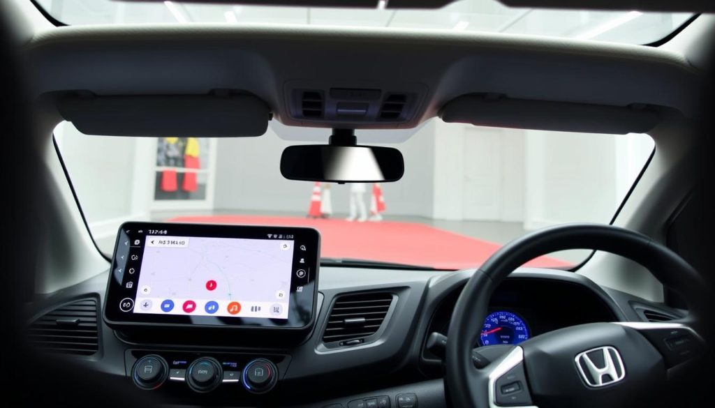 Vue intérieure d'un Honda Beat avec Android Auto montrant la navigation et les contrôles musicaux