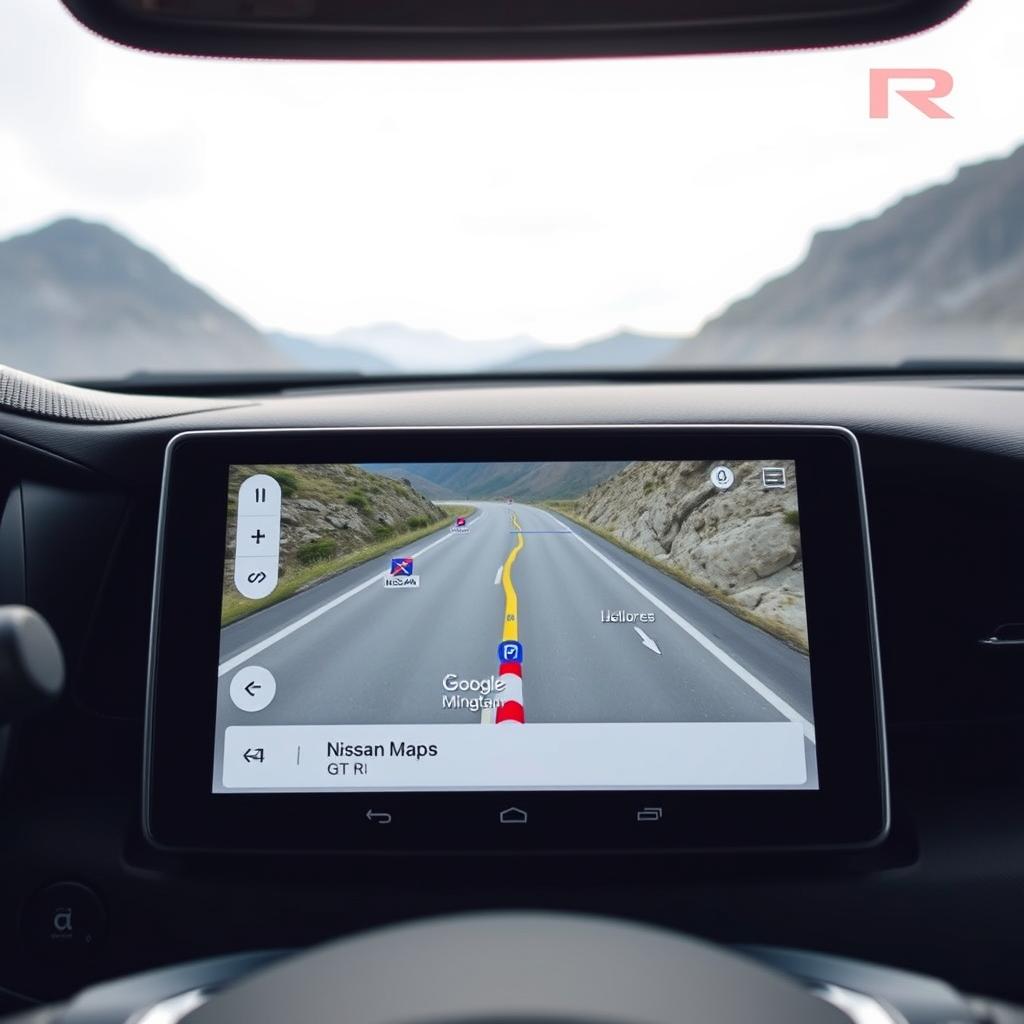 Google Maps sur Android Auto dans une Nissan GT-R montrant un itinéraire sur route sinueuse
