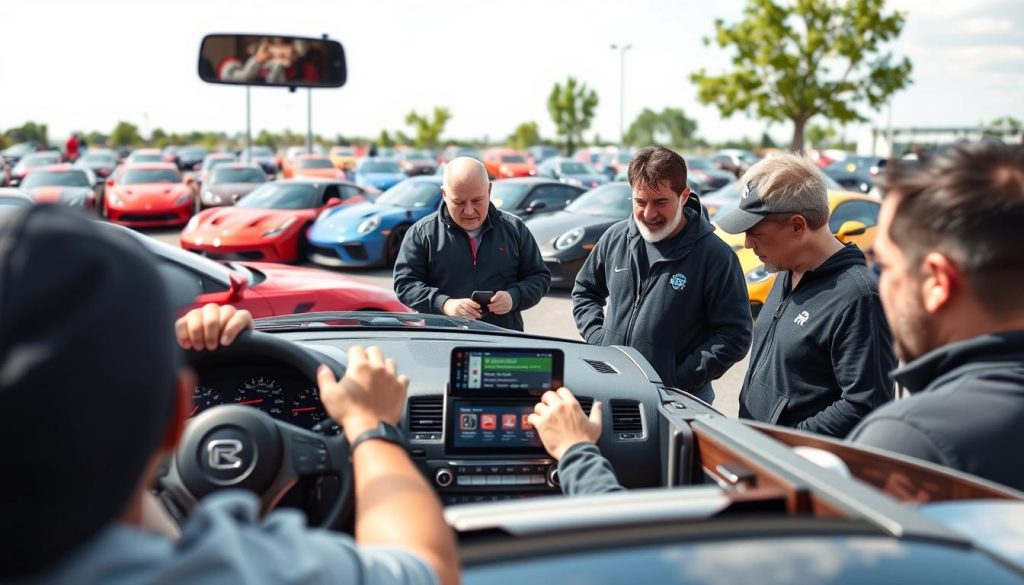 Groupe de propriétaires de Nissan GT-R discutant de leurs installations Android Auto lors d'un rassemblement