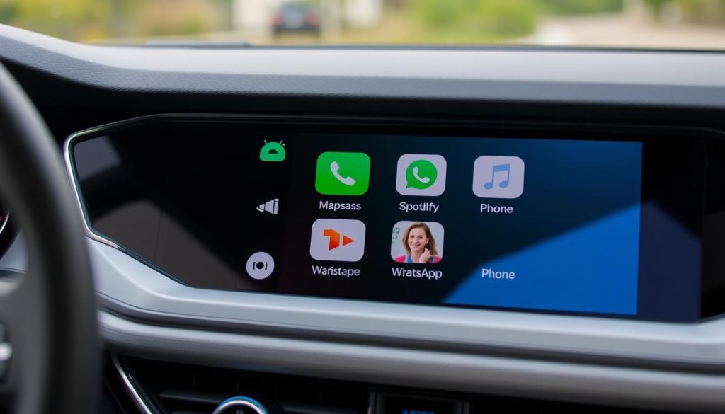 Interface Android Auto affichant diverses applications sur l'écran d'une Škoda Rapid
