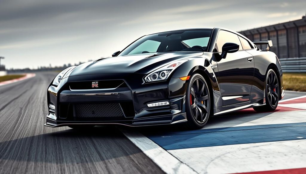 Nissan GT-R R35 noire sur circuit, vue de trois-quarts avant montrant les lignes agressives et l'aérodynamisme de la supercar