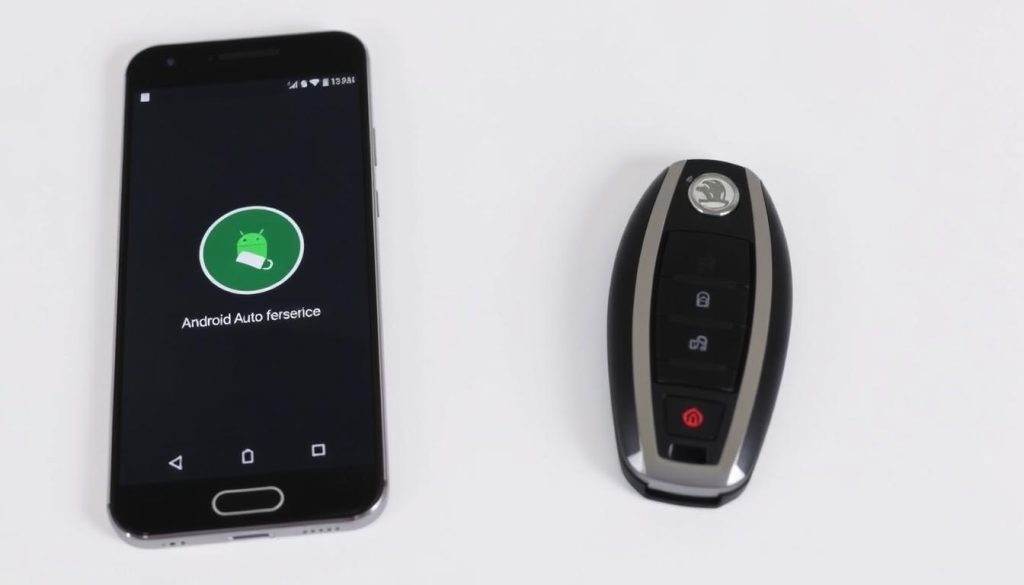 Smartphone Android avec l'application Android Auto ouverte à côté d'une Škoda Scala