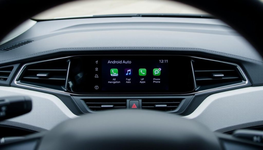 Tableau de bord Škoda Fabia avec Android Auto activé montrant l'écran d'accueil avec applications
